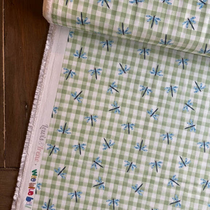 Dragonfly Gingham from 'Garden Explorer' by Wee Blue Bell / Lewis & Irene in Fern (£16 p/m)