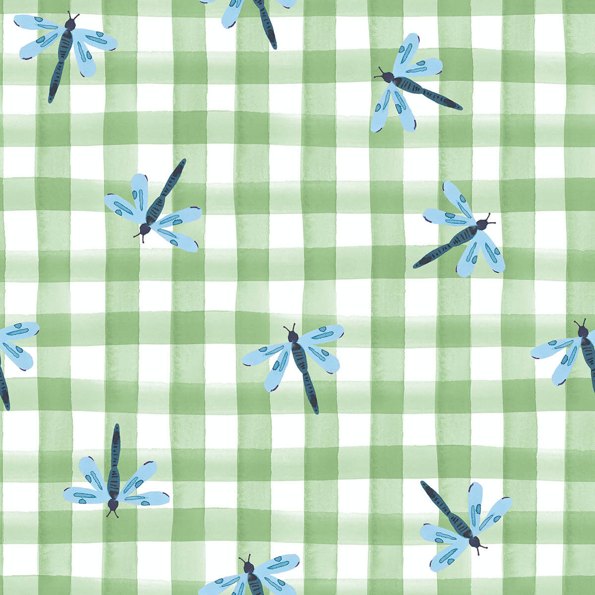 Dragonfly Gingham from 'Garden Explorer' by Wee Blue Bell / Lewis & Irene in Fern (£16 p/m)