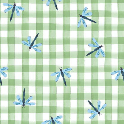 Dragonfly Gingham from 'Garden Explorer' by Wee Blue Bell / Lewis & Irene in Fern (£16 p/m)